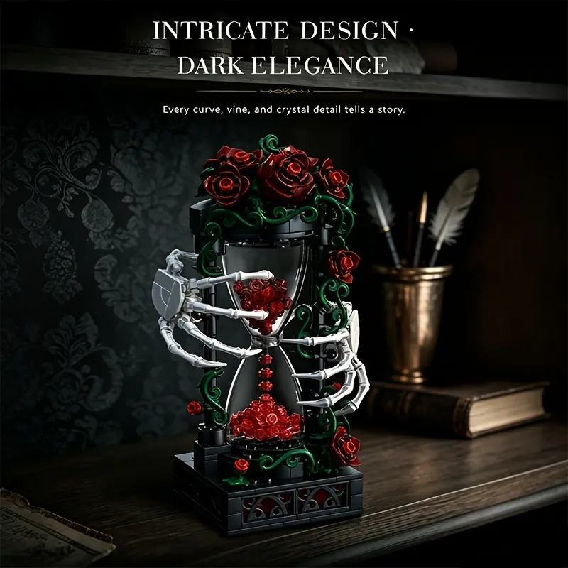 Gothic Skeleton Hourglass 3D Building Toy for 12+ Years, Dark Aesthetic Time Vessel with Red Roses, Skeleton Hands, Anime-Manga Inspired Decor, Unique Decor Gift for Adults