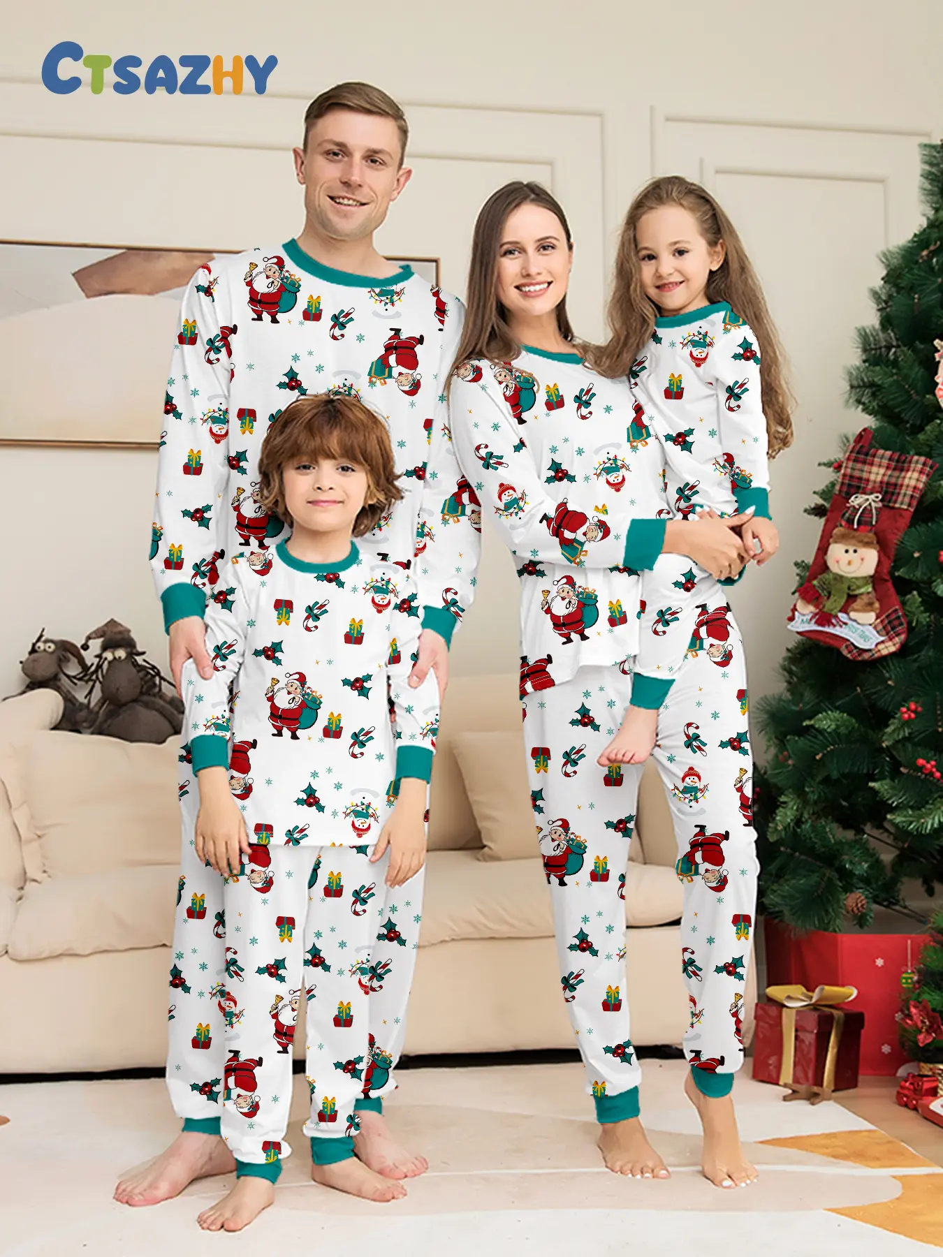 Fresh Christmas Family Pajama Set, Santa Claus Print, Loose Fit, Long Sleeve and Pants, Perfect for Holiday Photos and Parties