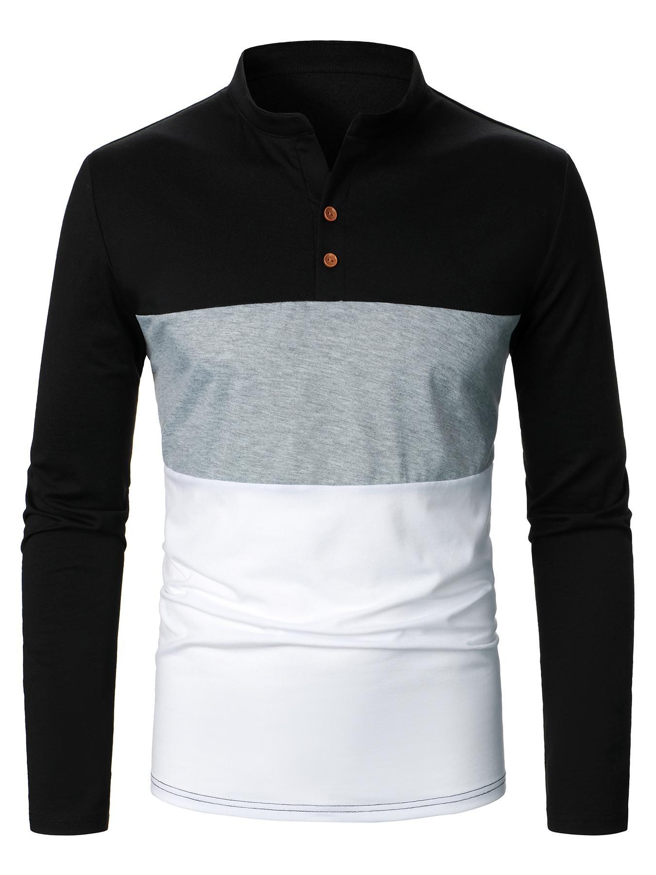Men's Colorblock Half Button Polo Shirt, Regular Fit Casual Long Sleeve Top for Fall & Winter, Men's Clothes for Daily Wear, Fall Clothes 2024, Menswear