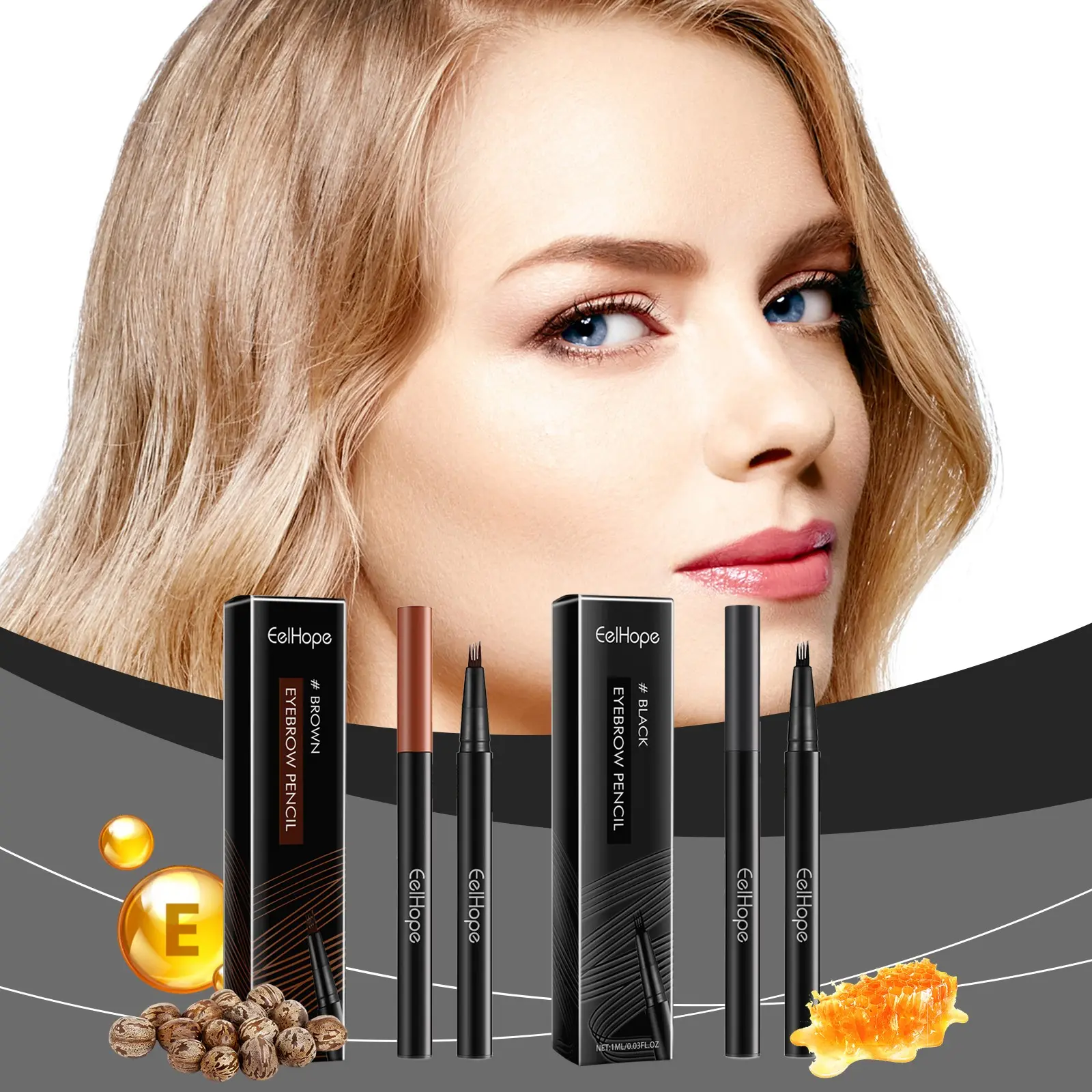 EELHOPE 4-Prong Brow Pencil – Feathered Fluffy Brows in One Stroke, Smudge-Proof & Beginner-Friendly, Cosmetic