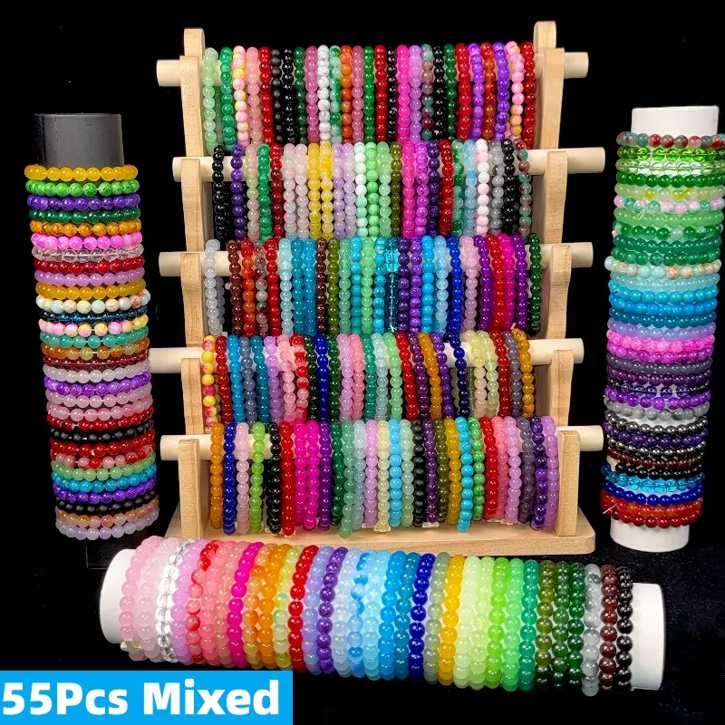 Mixed Colors Bohemian Glass Beaded Stretch Bracelets (55Pcs) - 16cm/6.3in Unisex Fit Hand Jewelry for Best Friends, Vintage Versatile Costume Accessory for Daily Wear, Party Use