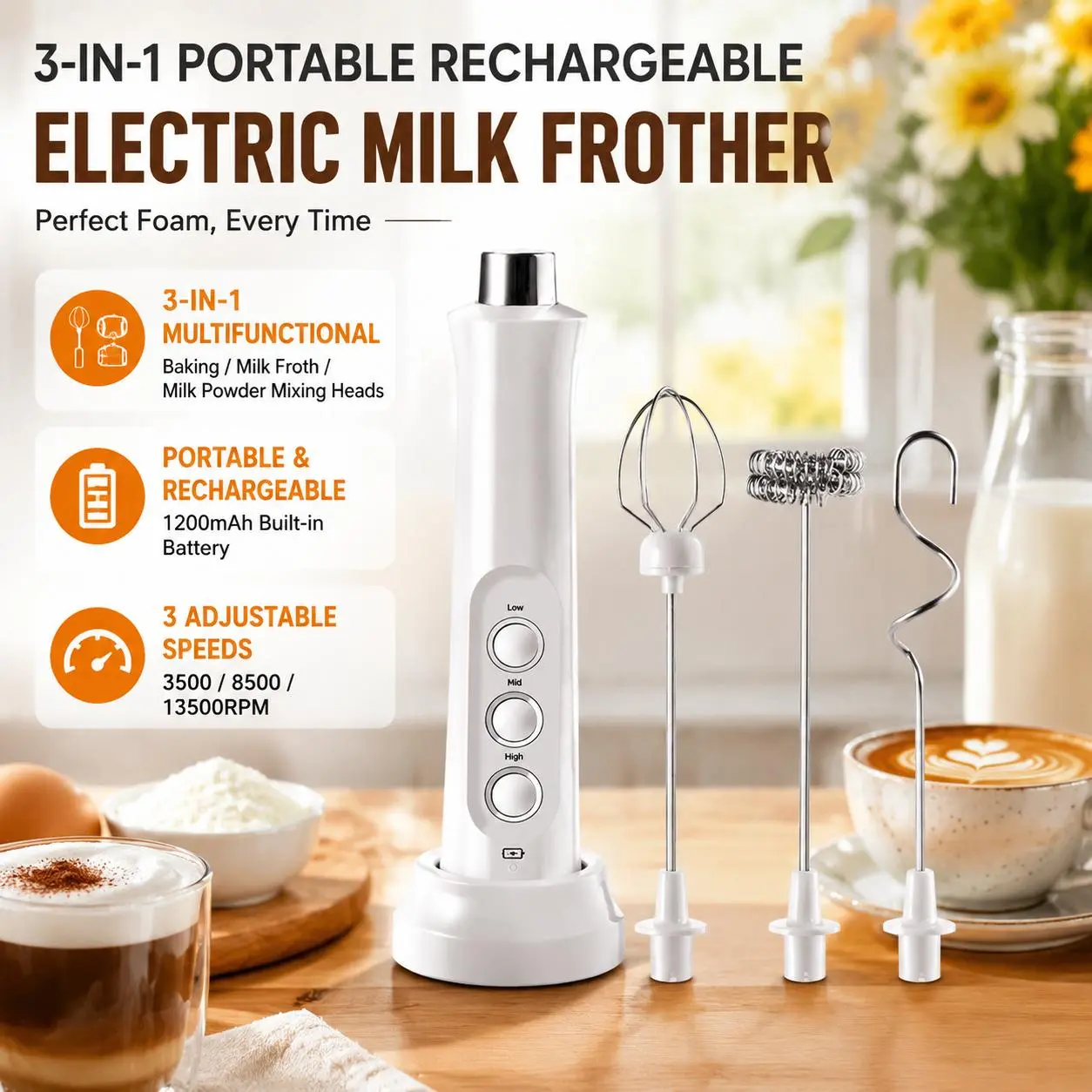 3-in-1 Rechargeable Handheld Electric Milk Frother Stick - 1200mAh Battery, Steel+ABS Beverage Mixer Whisk Tool for Kitchen Drinks, Black