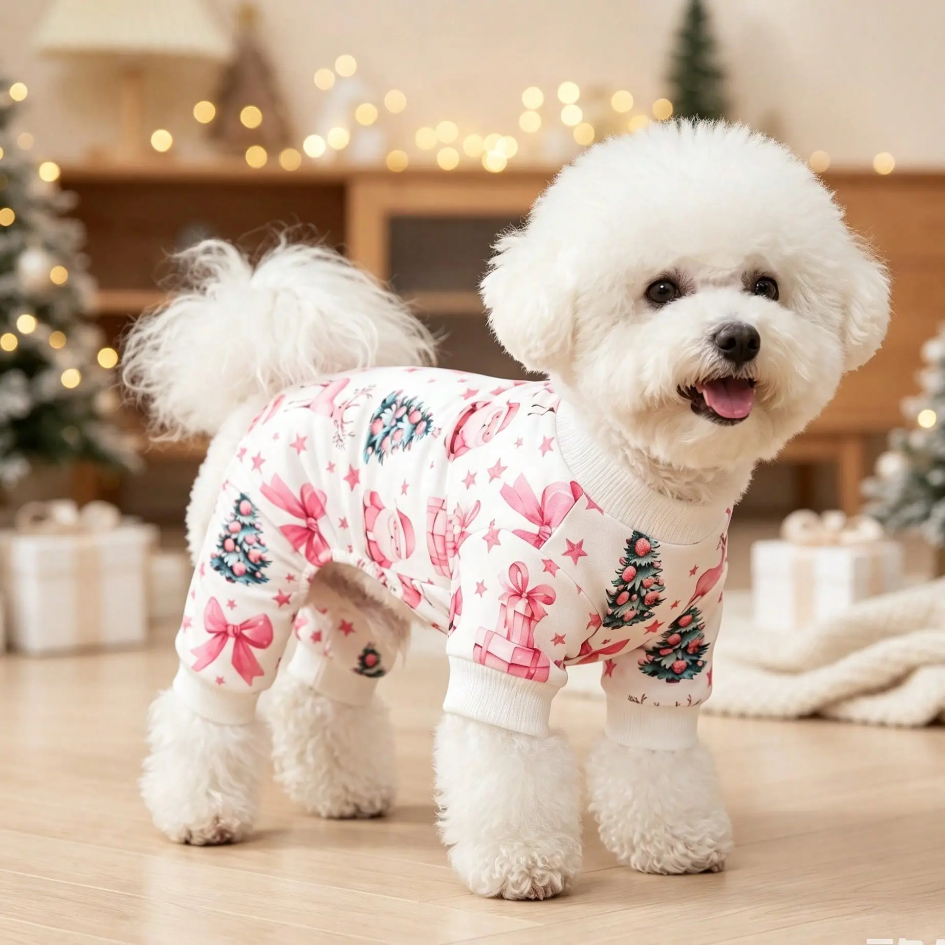 Christmas Dog Pajamas Jumpsuit Pet Clothes, Cute Pink Santa Reindeer and Christmas Tree Print Puppy Four-Leg Sleepwear with Bows and Stars Graphic White Ribbed Trim Cat Apparel Outfit, Warm Winter Xmas Holiday Costume For Small Medium Large Dogs