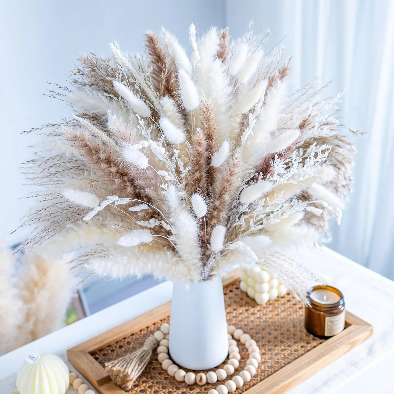 96-Count Natural Dried Pampas Grass Boho Bouquet, Phragmites Dried Flowers for Wedding Floral Arrangements, Home Decor Vase Ornaments, Decorative Gift