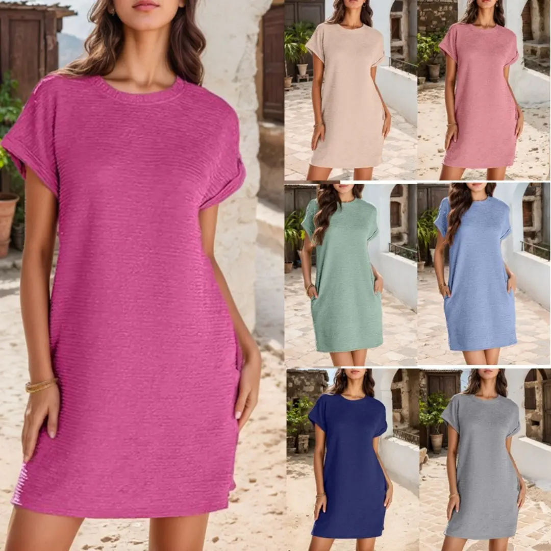 Women's Round Neck Short-Sleeve Basic Casual Plain Dress - Crew Neck Cuffs, Curled Hems, Pocket, Flowy Long Summer Clothing