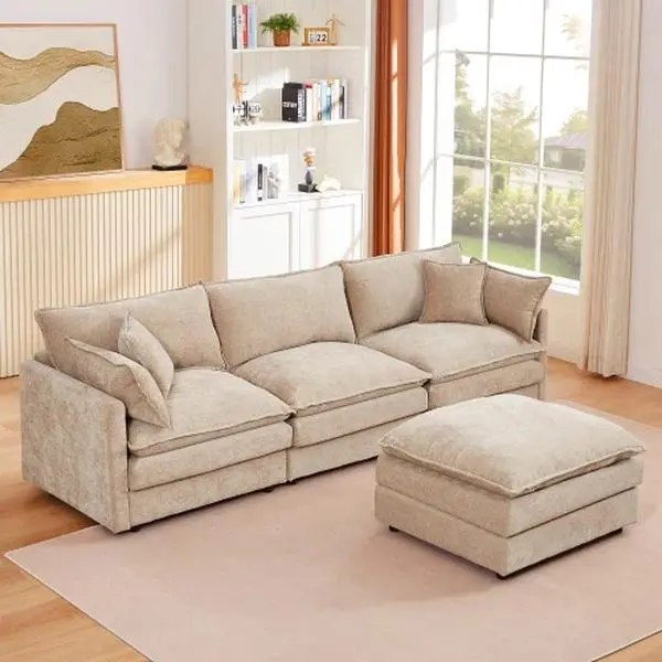 Coffee Chenille 3-Seat Modern L-Shaped Sectional Sofa - 3-in-1 Indoor Corner Sofas Living Room Furniture with Detachable Footstool, 102"w x 52.3"d x 34.2"h, for Studio Apartments, Requires Setup (Includes Tools),sohochic