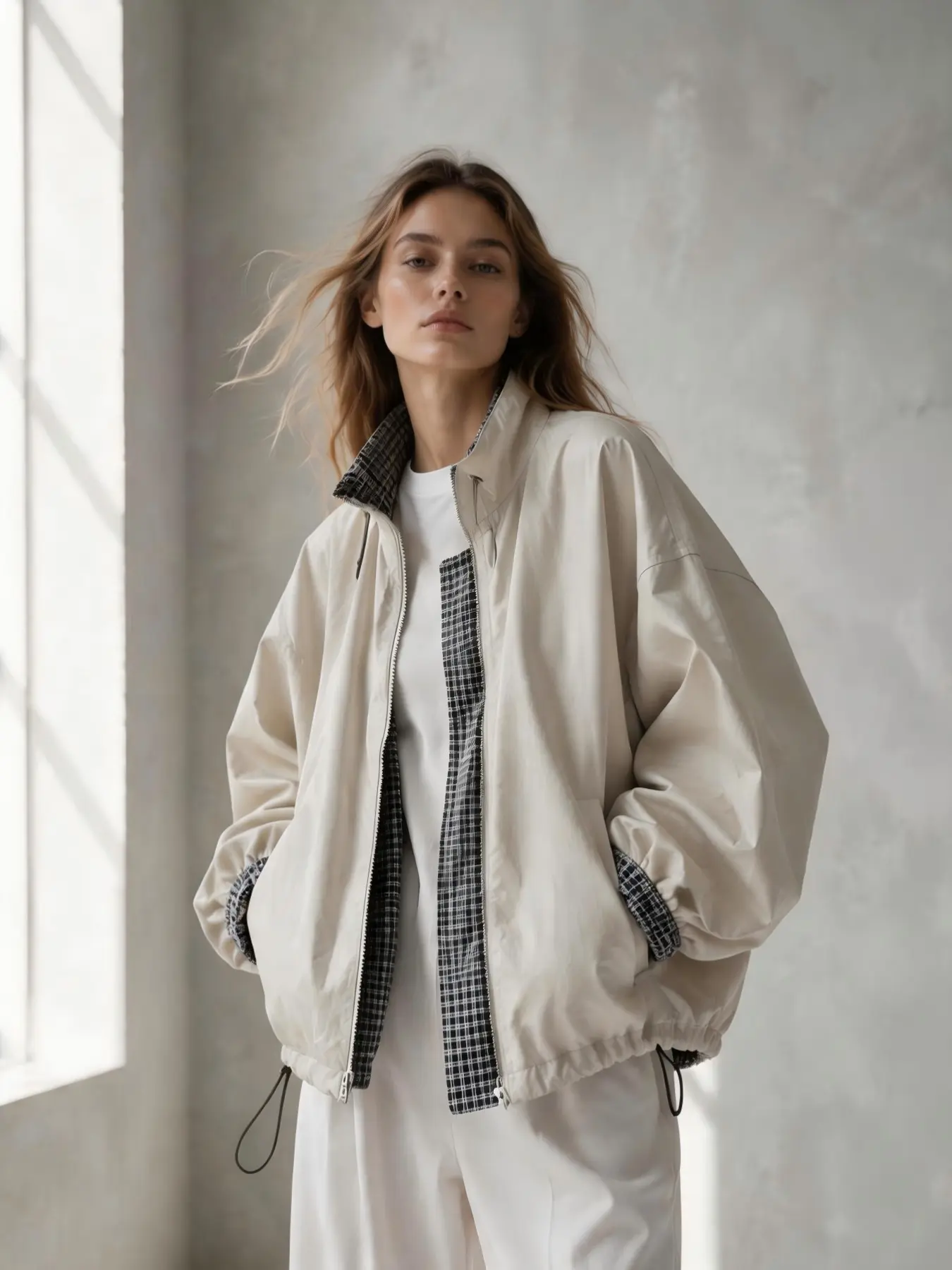 Plaid Lining Stand Collar Jacket, Loose Fit Drawstring Hem Zipper Outerwear, Retro Japanese Windproof Coat, Fall & Winter Casual Jacket