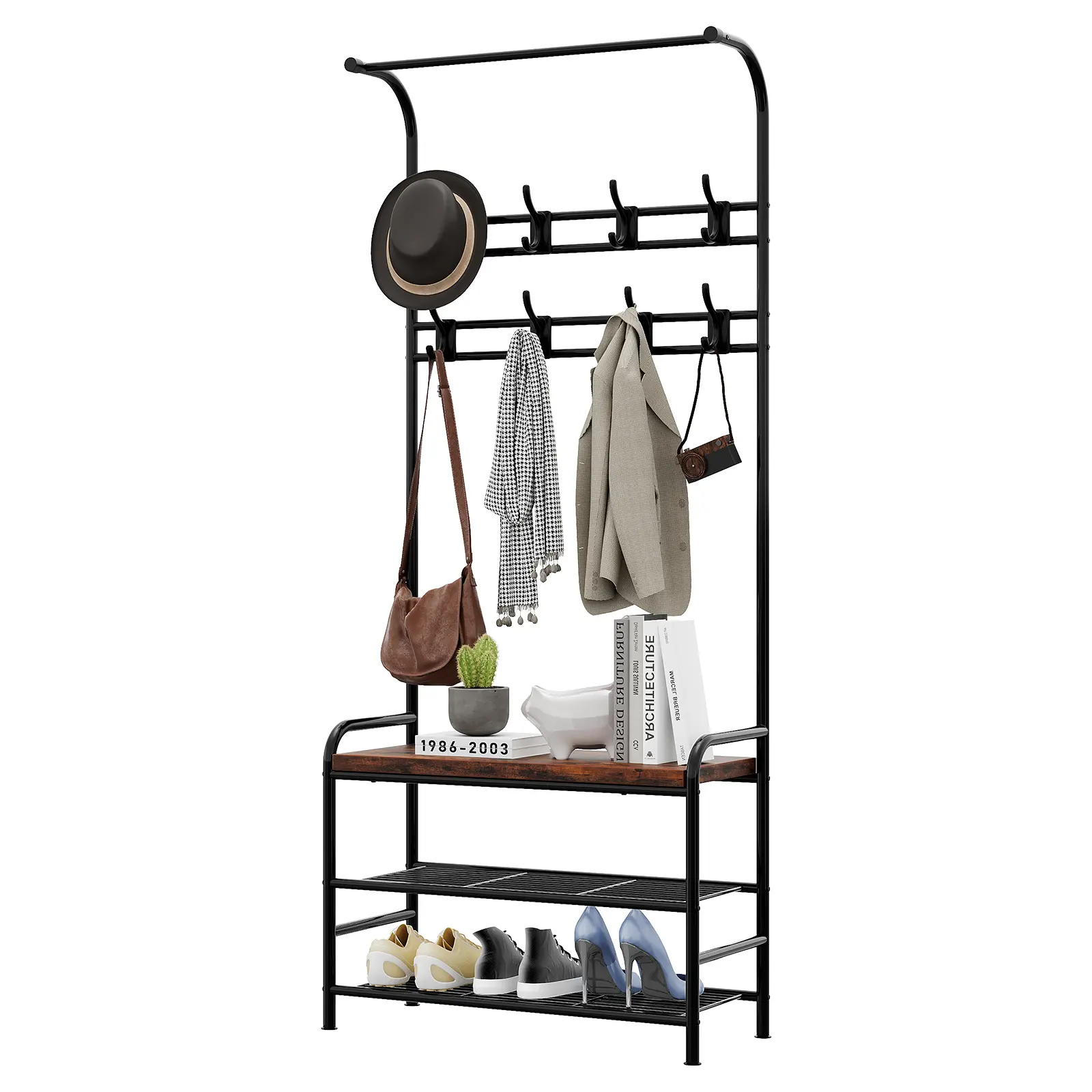Hall Tree Coat Rack with Shoe Storage Bench, 4-in-1 Entryway Organizer with 8 Removable Hooks, Hanging Rod, 3-Tier Shoe Rack, Sturdy Metal Frame & Rustic Wood Seat for Hallway, Mudroom, Bedroom, Home, Apartment & Small Spaces, Grey/Rustic Brown