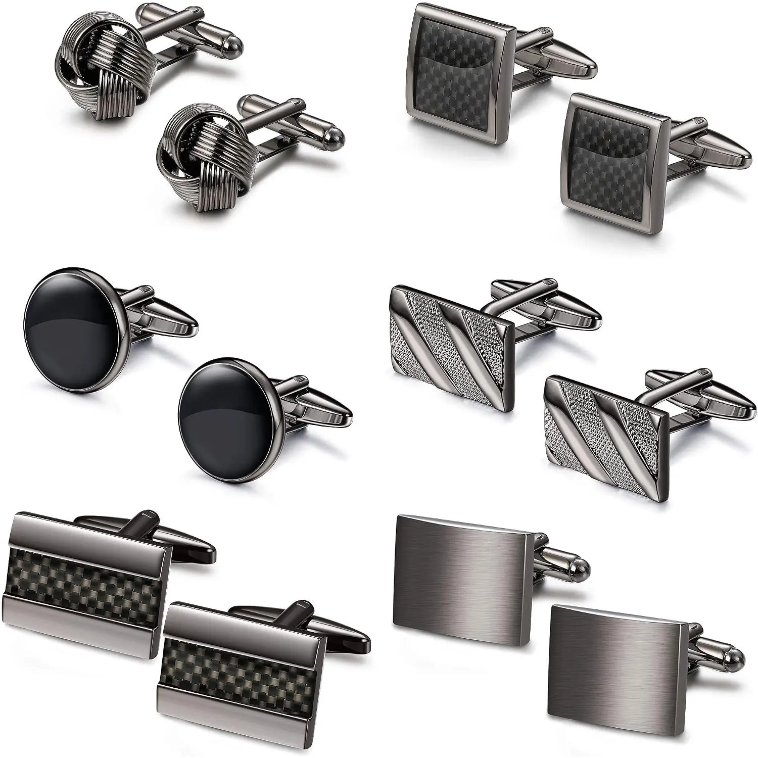 6 Pairs Classic Men's Cufflinks, Black Round & Square Vintage Cufflinks, Business Tuxedo Shirt Set, Striped Cufflinks for Wedding