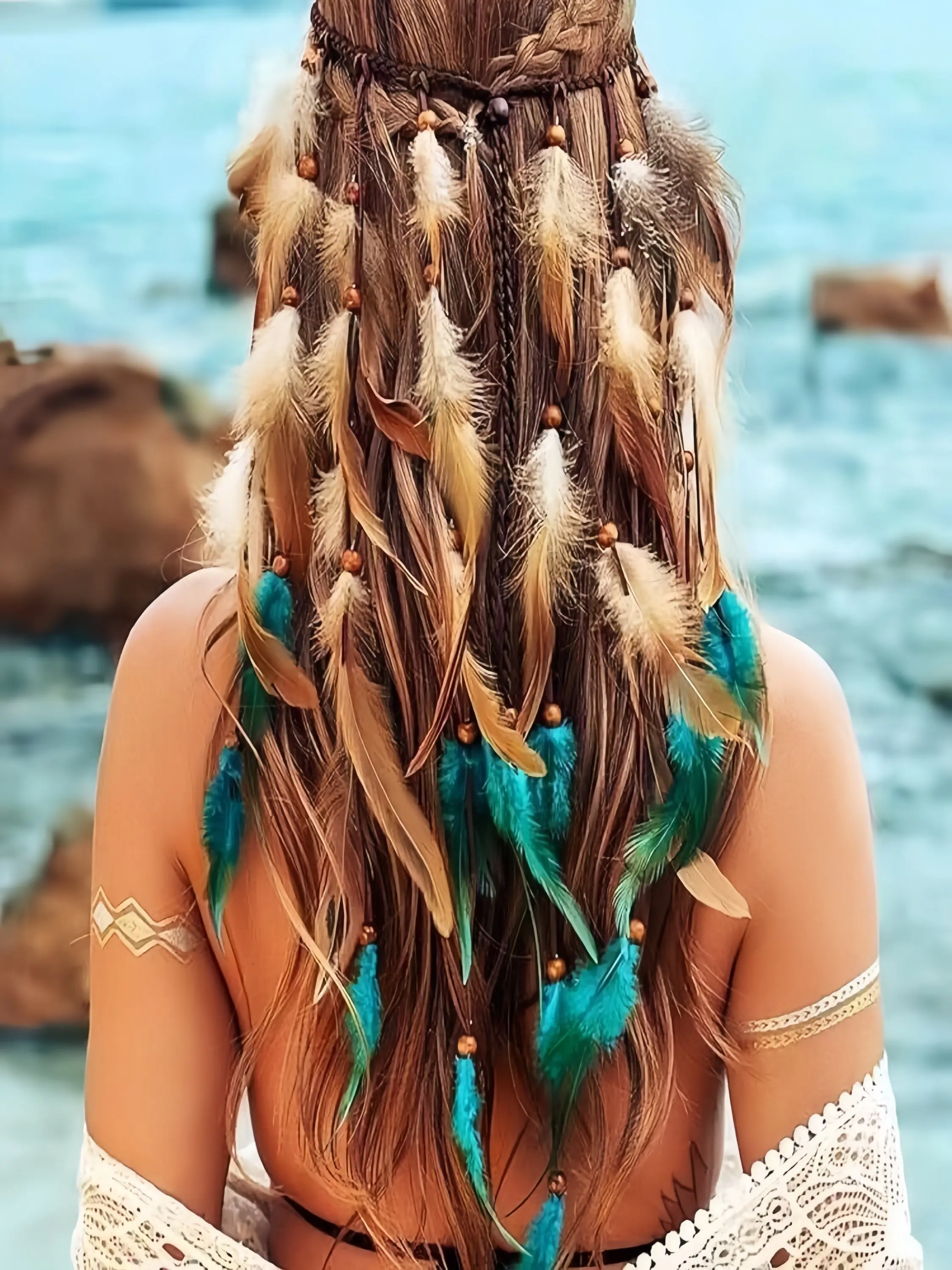 Boho Feather Headband, Indian Gypsy Hair Accessory, Feathers, Adjustable Beaded Rope, Women and Girls Hippie Style