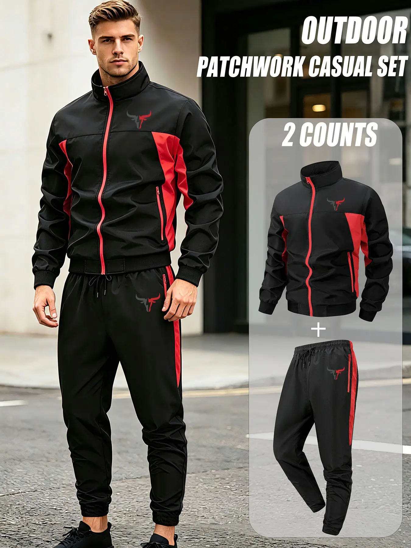 Men's Fashion Spring Fall Jacket Set, Bull Print Business Casual Suit, Teen Sports Baseball Stand Collar Jacket Set, Jacket + Pants Two Piece Set