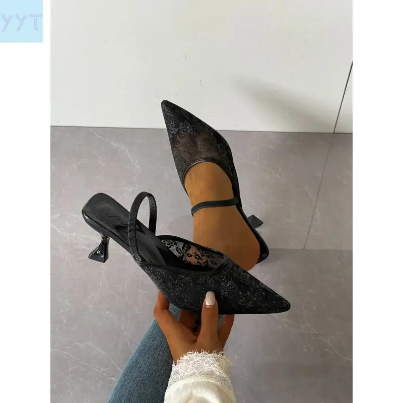 YYT1 2026 Women's  Lace Mesh Pointed Toe Slingback Kitten Heel Mule Sandals, Dark Chic Style, Comfy Evening Shoes, Pointed Toe Mules