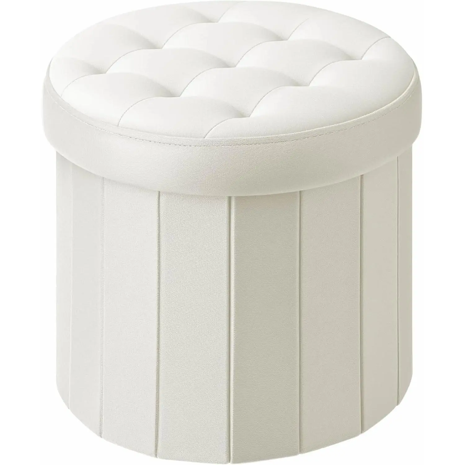 Round Storage Ottoman, 14" Folding Velvet Foot Stool Rest, Beige | Round Poufs with Thicker Foam Padded Seat for Livingroom, Dorm, Bedroom, Easy to install, 14 x 14 x 13in