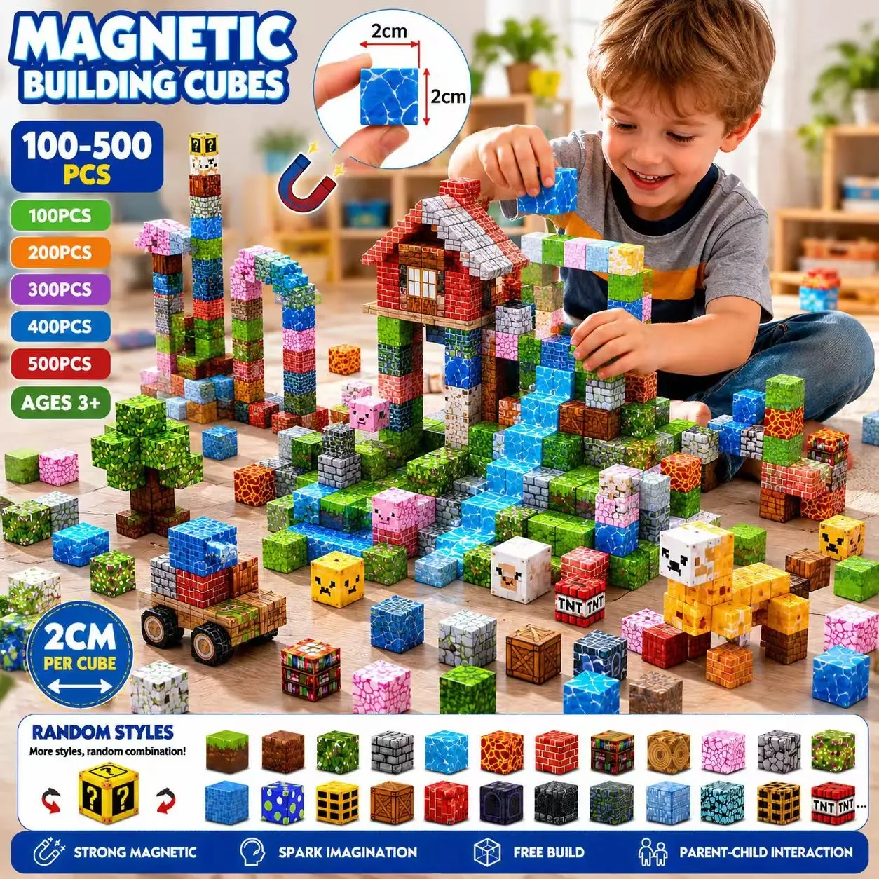100-500 Pieces Magnetic Building Blocks Random Blind Box Toy, DIY Cube Stem Sensory Play, Perfect Gift for Kids Ages 3-10