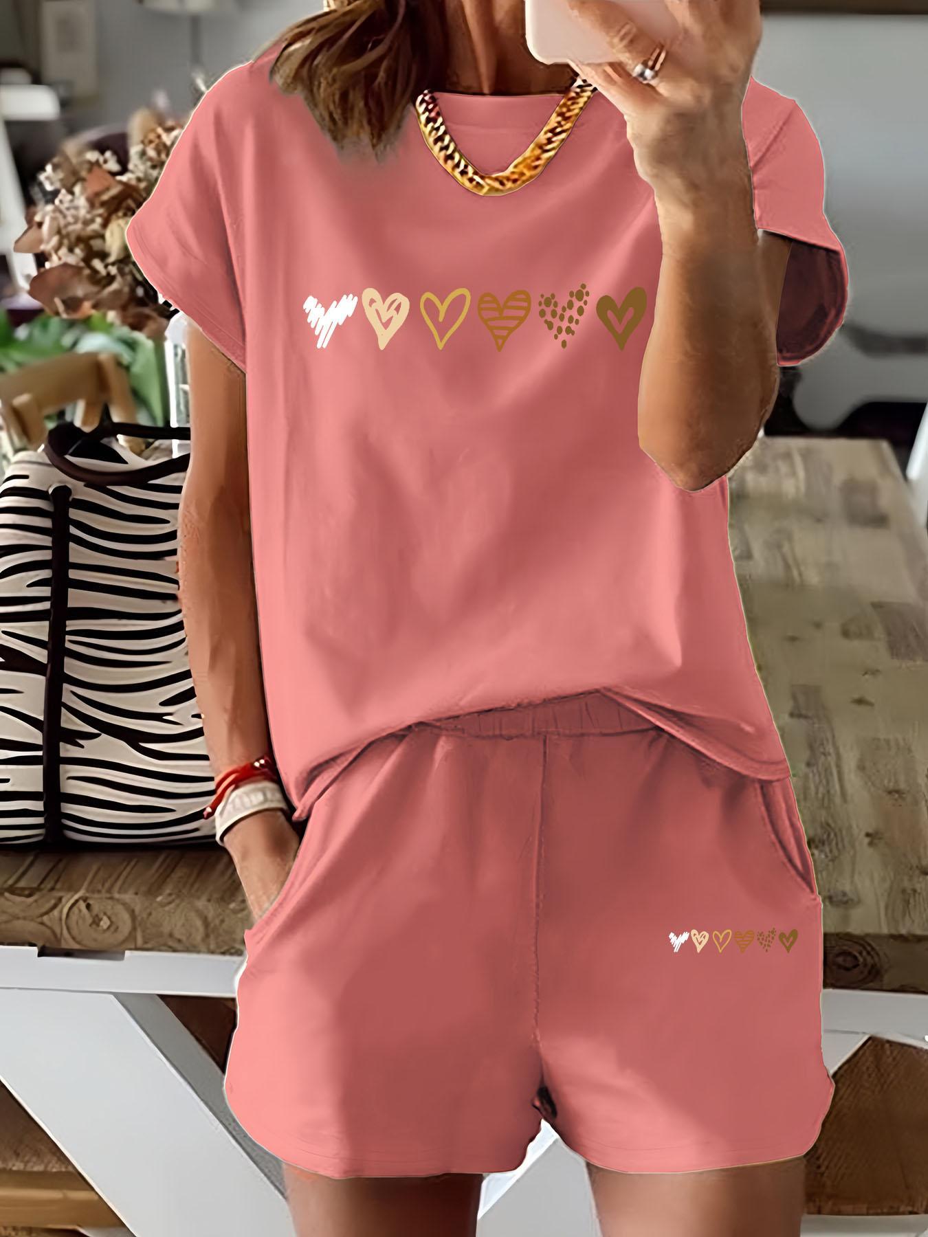 Two-Piece Set Women's Heart Print Tee & Shorts, Casual Fitted Short Sleeve Crewneck T-shirt & Skinny Shorts, Ladies Summer Clothes for Daily Wear