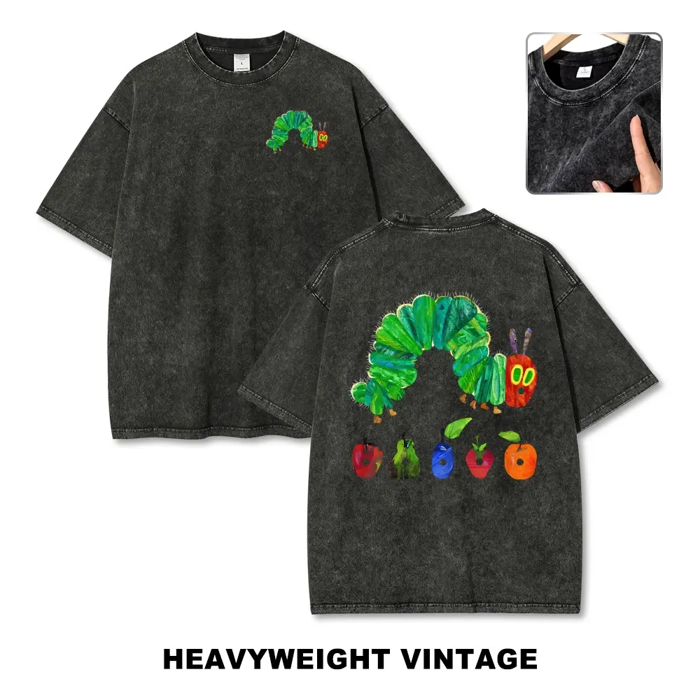 Unisex The Very Hungry Caterpillar Eating Fruits Graphict Washed T-Shirt Personalized Pattern Y2k Clothing Round Neck Washed T-Shirt,Women's Clothing 100% Cotton, Menswear, Top, Vintage Style,Summer Casual Oversized