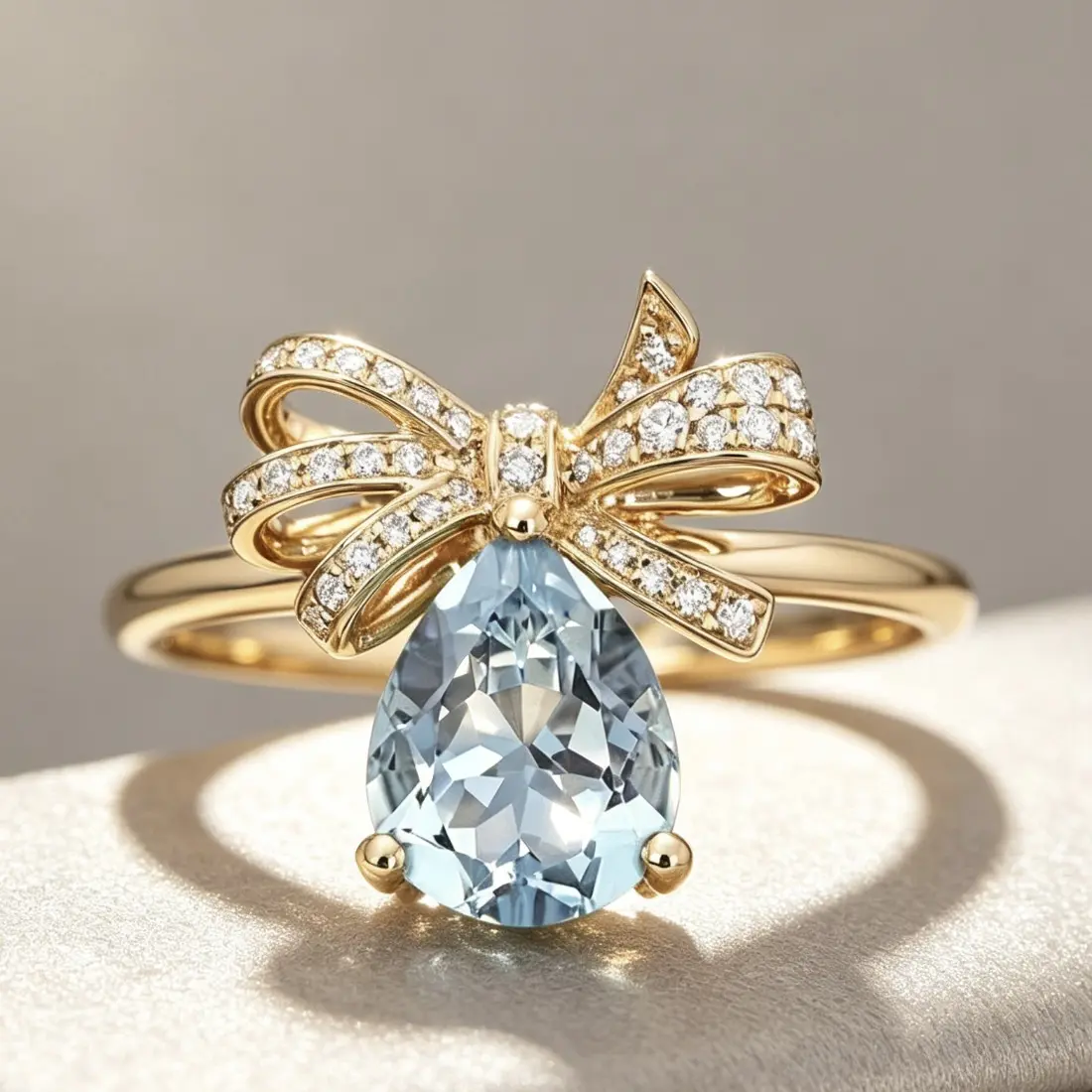 Women's Bow Ring with Teardrop Topaz, Vintage French-Inspired Statement Ring, Elegant Gold-Tone Fashion Jewelry, Dainty Chic Cocktail Ring for Everyday Wear, Parties & Special Occasions