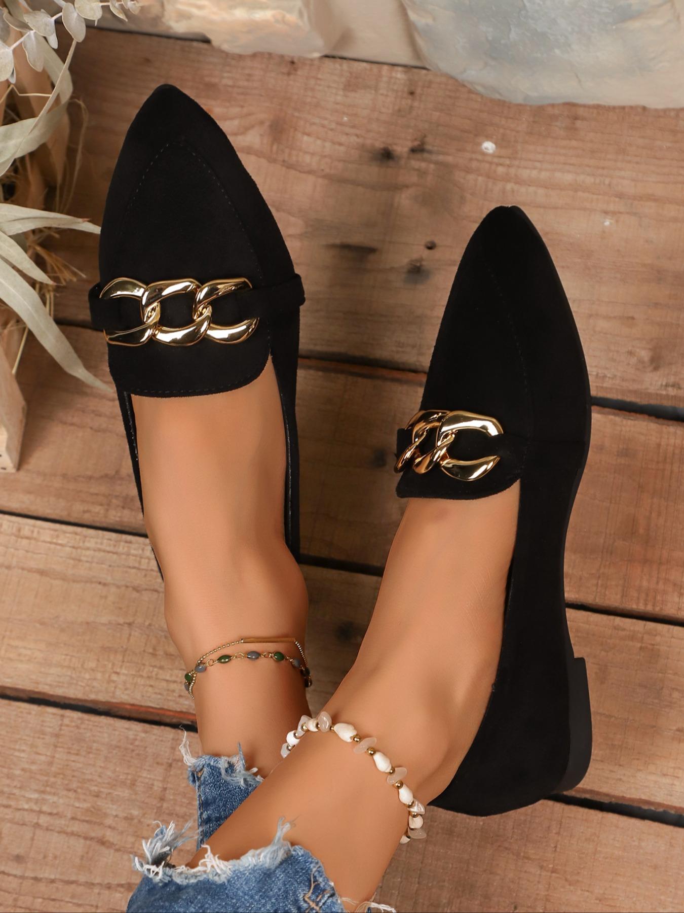 Pointed-Toe Velvet Material Loafers with Chain Buckle, Elegant Retro Style Comfortable Flat Sole Shoes for Work & Casual Wear