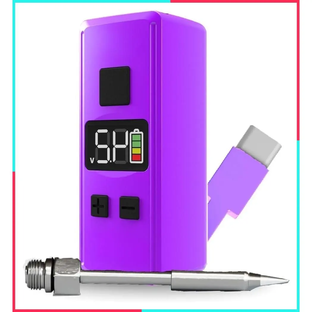Mini Rechargeable Soldering Iron Pen with Built-In USB-C Battery Cable, Adjustable Voltage 1.5V-4.2V, LED Display, Removable Thread Burner Tip, Purple