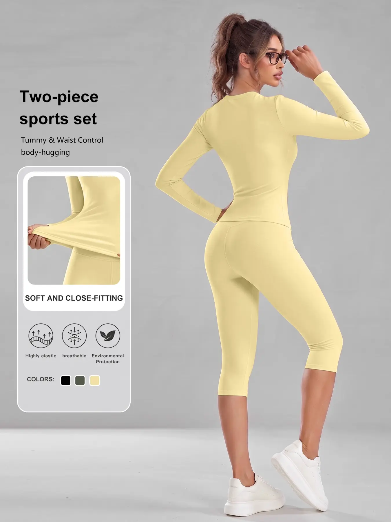 2-Piece Set, Round Neck Long Sleeve Slim Fit Top + Seven-Quarter Sport Yoga Pants, High Elastic, Breathable, Soft, Abdominal Shaping, All Seasons