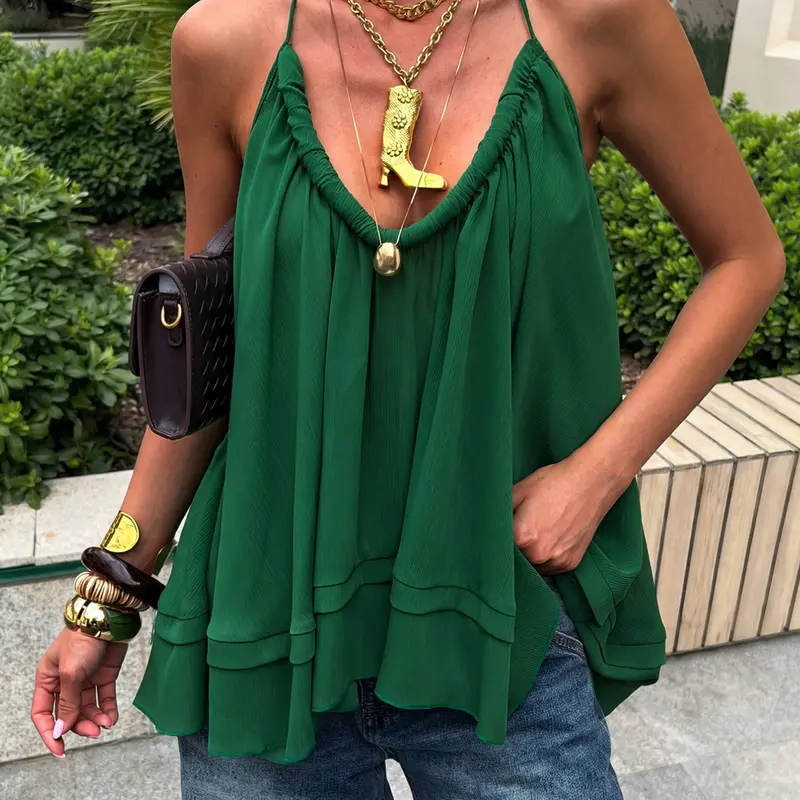 Women's Chic Flowy Halter Top, Loose-Fit Deep V Neck Layered Sleeveless Blouse for Vacation & Beach, Boho Bohemian Y2K Going Out Top, Lightweight Casual Streetwear, Fashion Draped Swing Top