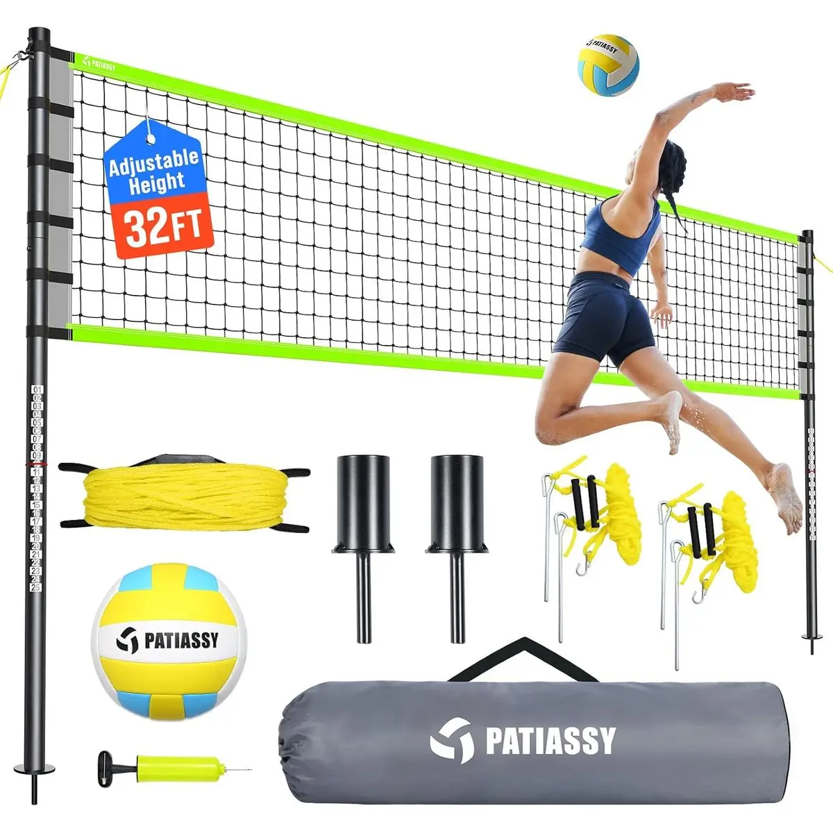 Outdoor Volleyball Net for Backyard, 32FT Anti-Sag Net with Steel Poles| 24-Ply Anti-Sag PE Net, 3 Official Adjustable Height, Easy Setup, Complete Set with Portable Carry Bag