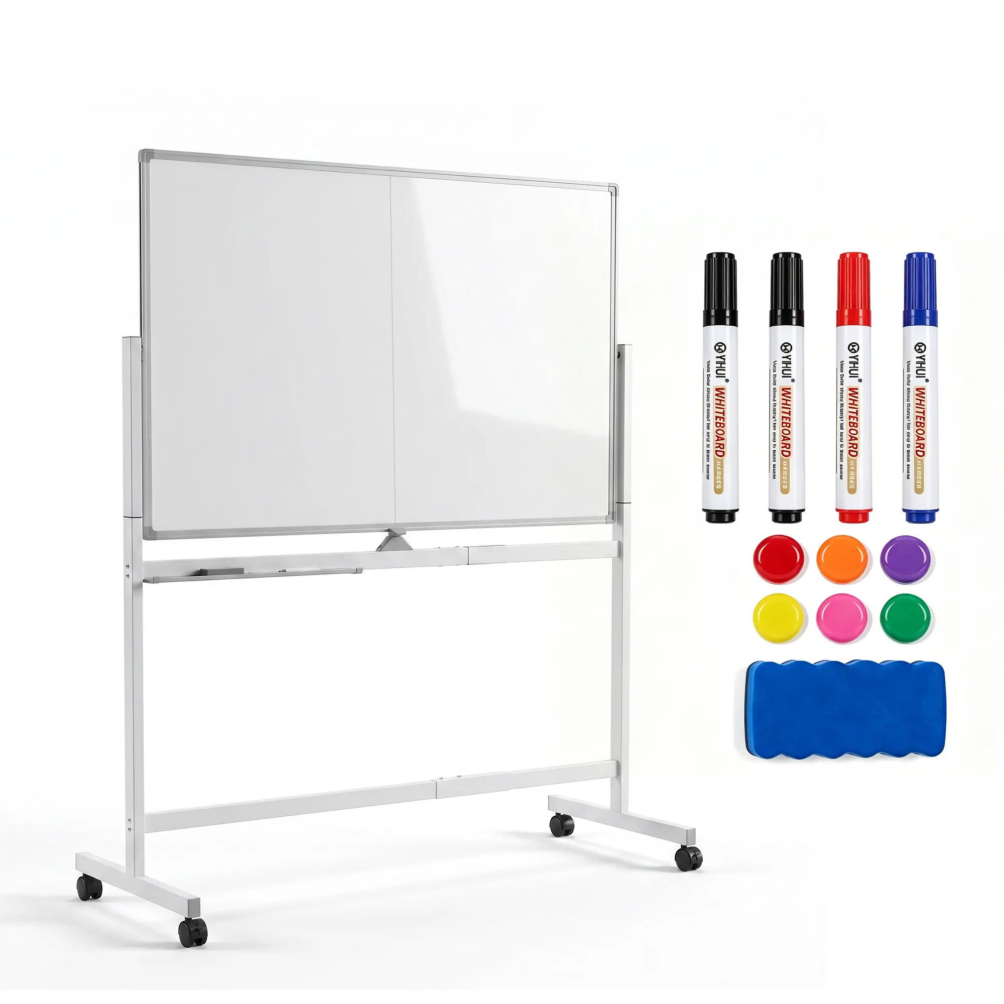 Portable Magnetic Drawing & Writing Board 48x32in Double-Sided Rolling Dry Erase Board with Height Adjustment, 4-Wheel Locking Casters, Mobile Stand, Tray & Markers for Classrooms Office Training