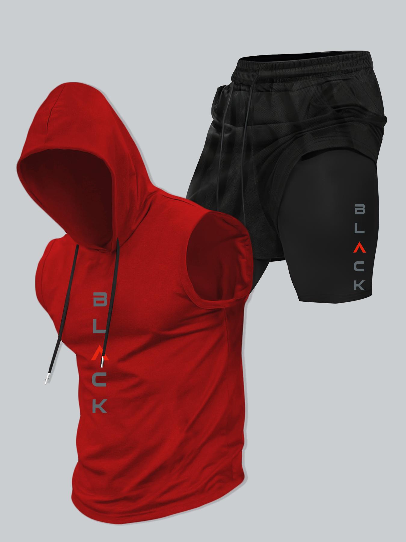 Two-Piece Set Men's Hooded Tank Top & Shorts Set, Regular Fit Casual Pullover Hoodie & Shorts, Men's Two-piece Outfits for Daily Wear, Casual Gym Wear