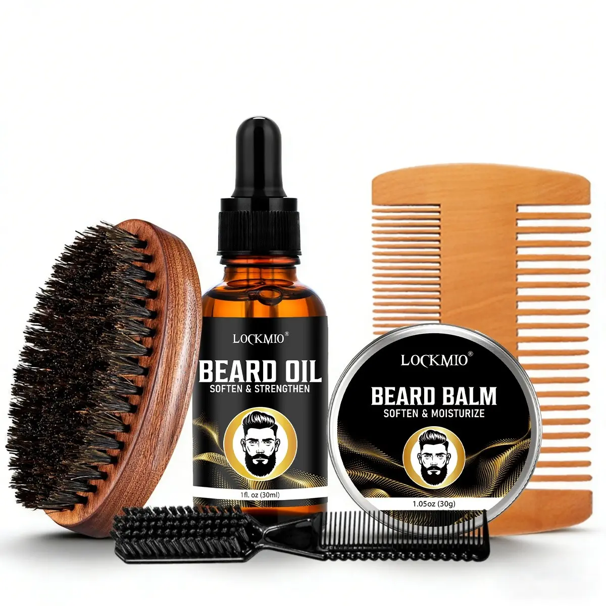 5 Pcs Men's Beard Care Set, Beard Oil & Beard Balm with Beard Brush & Wooden Comb, Moisturize Rough Beard, Soften, Hydrate & Add Shine, Massage & Nourish Beard Roots, Ideal Gift for Dad, Boyfriend & Husband, Beard Kit