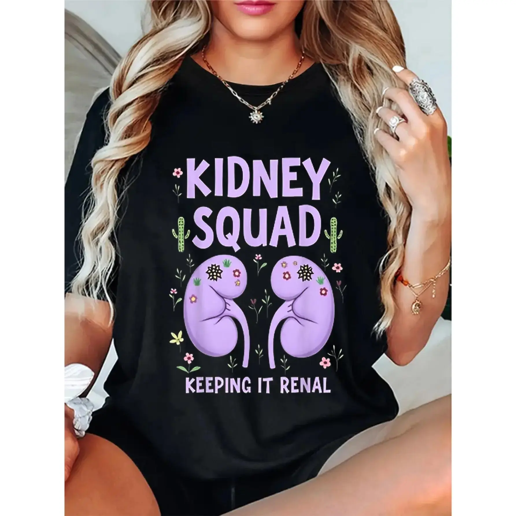 100% Cotton Oversized Short-Sleeve Printed Everyday Top for Renal Dialysis Technician Nurse