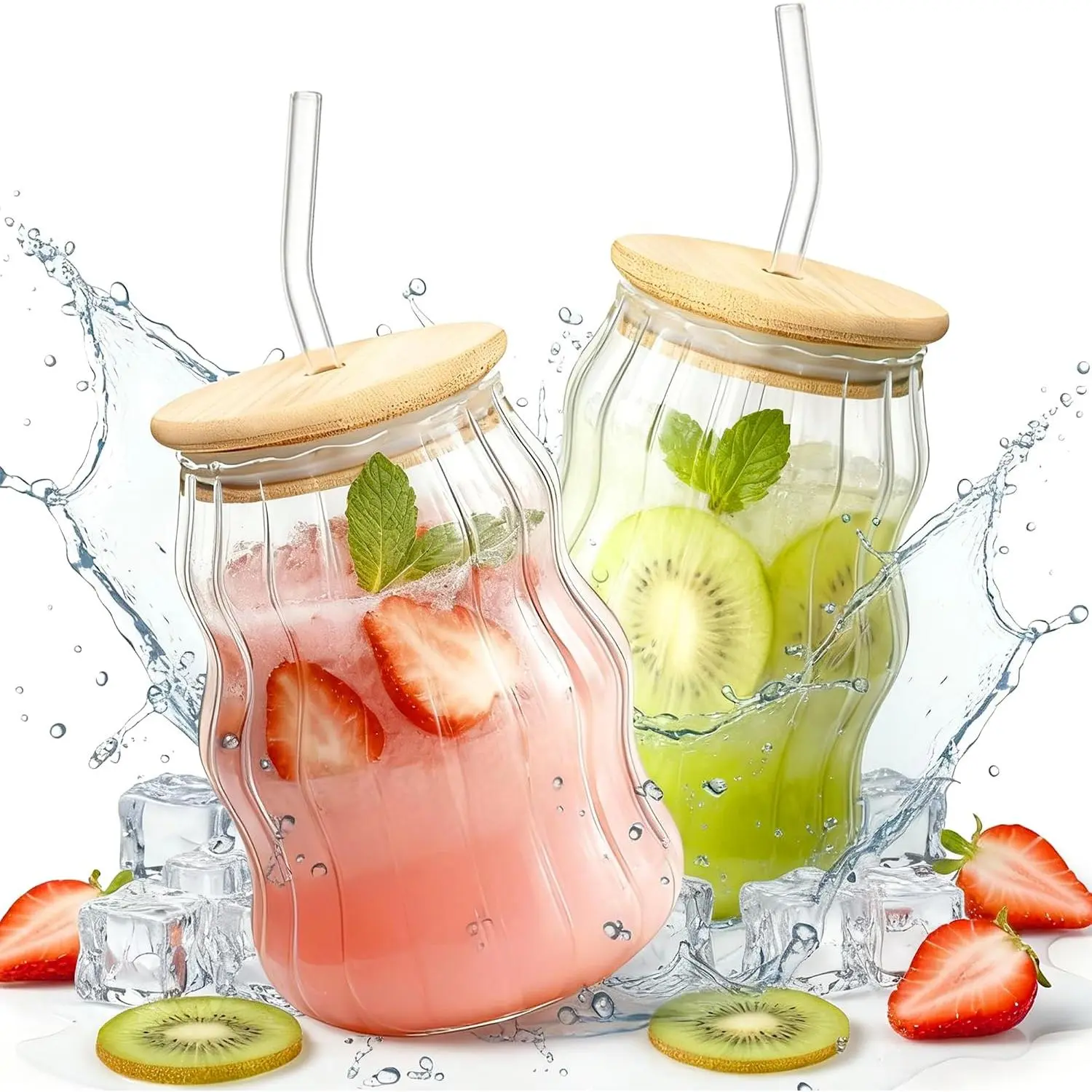 2 Packs Cute Glass Tumbler with Lid and Straw 16 oz Ice Coffee Cup Set for Smoothie Slushie Juice Matcha  Latte Cappuccino Espresso Hot Coffe Water  Clear Travel Boba Aesthetic Drinking Mug