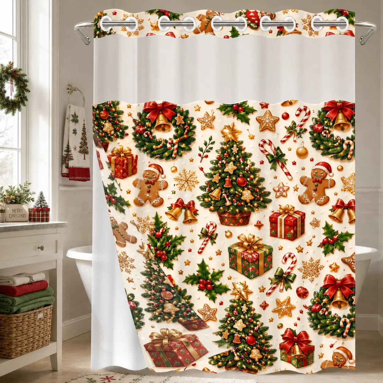 1Pc Hookless Waterproof Shower Curtain, Warm Christmas Gingerbread Man Xmas Tree Holiday Print, Quick Dry Mildew Proof Fabric, Removable Snap-in Liner Accessory, Top See-Through Window, Vintage Xmas Divider Curtain 71×74 Inch