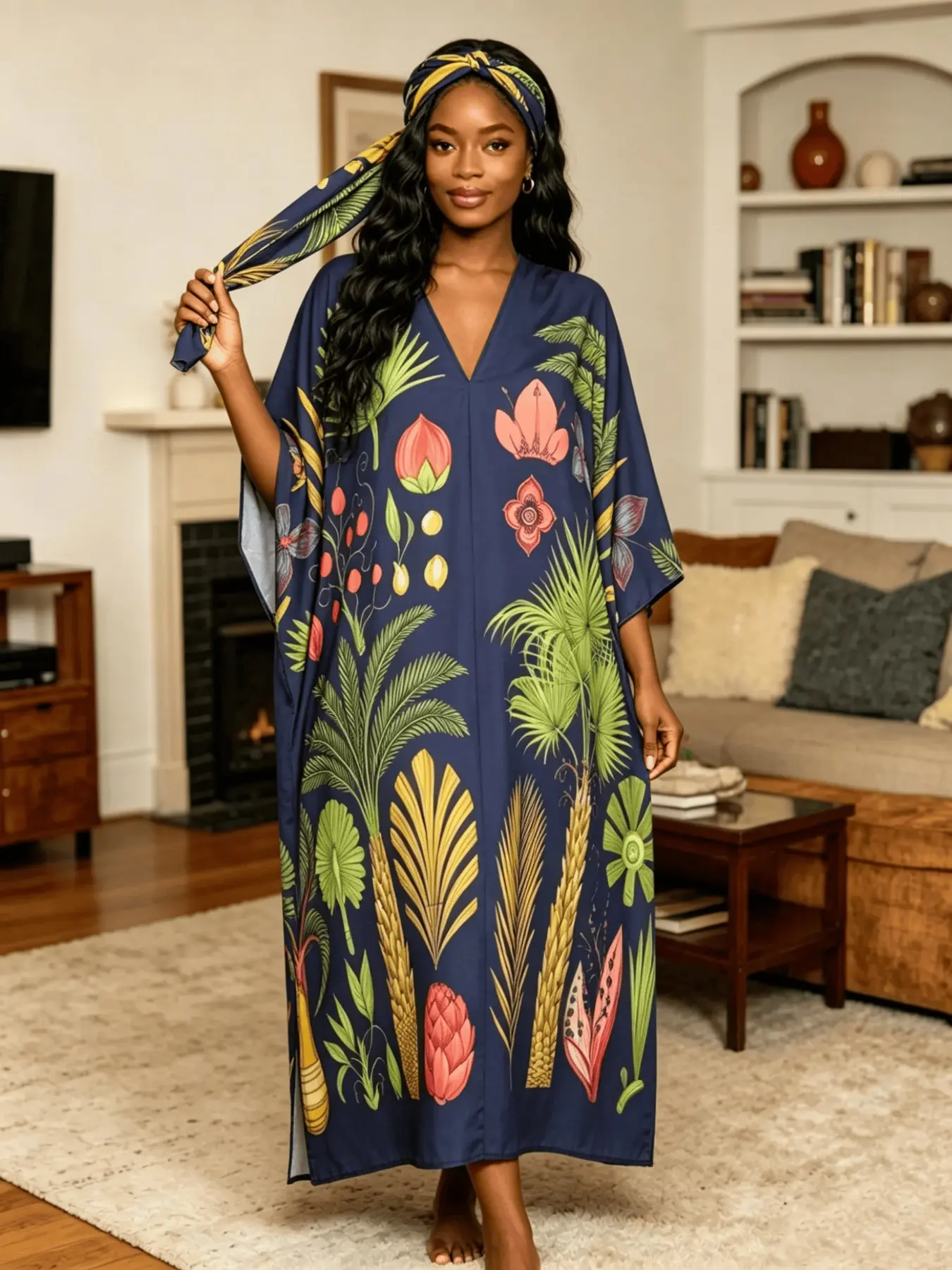 New Women's 2 Piece Navy Tropical Palm Print Kaftan Maxi Dress with Matching Headscarf, Bohemian Silky Loose Satin Robe, Plus Size Friendly, Summer Beach Cover Up, Resort Vacation & Evening Party Wear