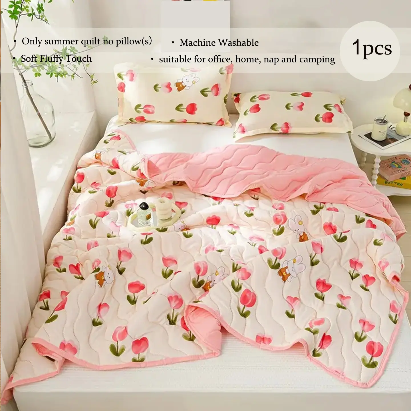 1pcs Pink Tulip Floral Quilted Summer Quilt, Machine Washable Quilt, Soft Lightweight Breathable All Season Comforter, Aesthetic Thin Throw Blanket for Bedroom Couch Nap, Multiple Sizes Available (Only Quilt, No Pillowcases Included)