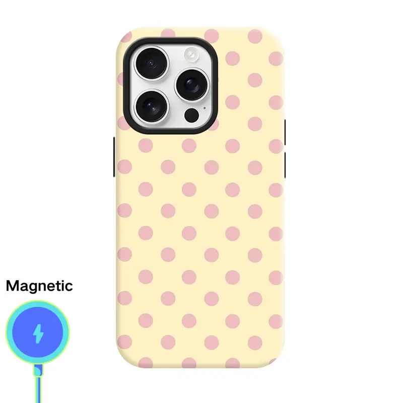 Cute Pink & Yellow Polka Dot Plastic Cellphone Case - MagSafe Compatible, 2-in-1 Hard PC + Soft Silicone Dual Layer Shell, Shockproof, Anti-Slip, Anti-Yellowing Wireless Protection for Handheld iPhone Devices, Magnetic
