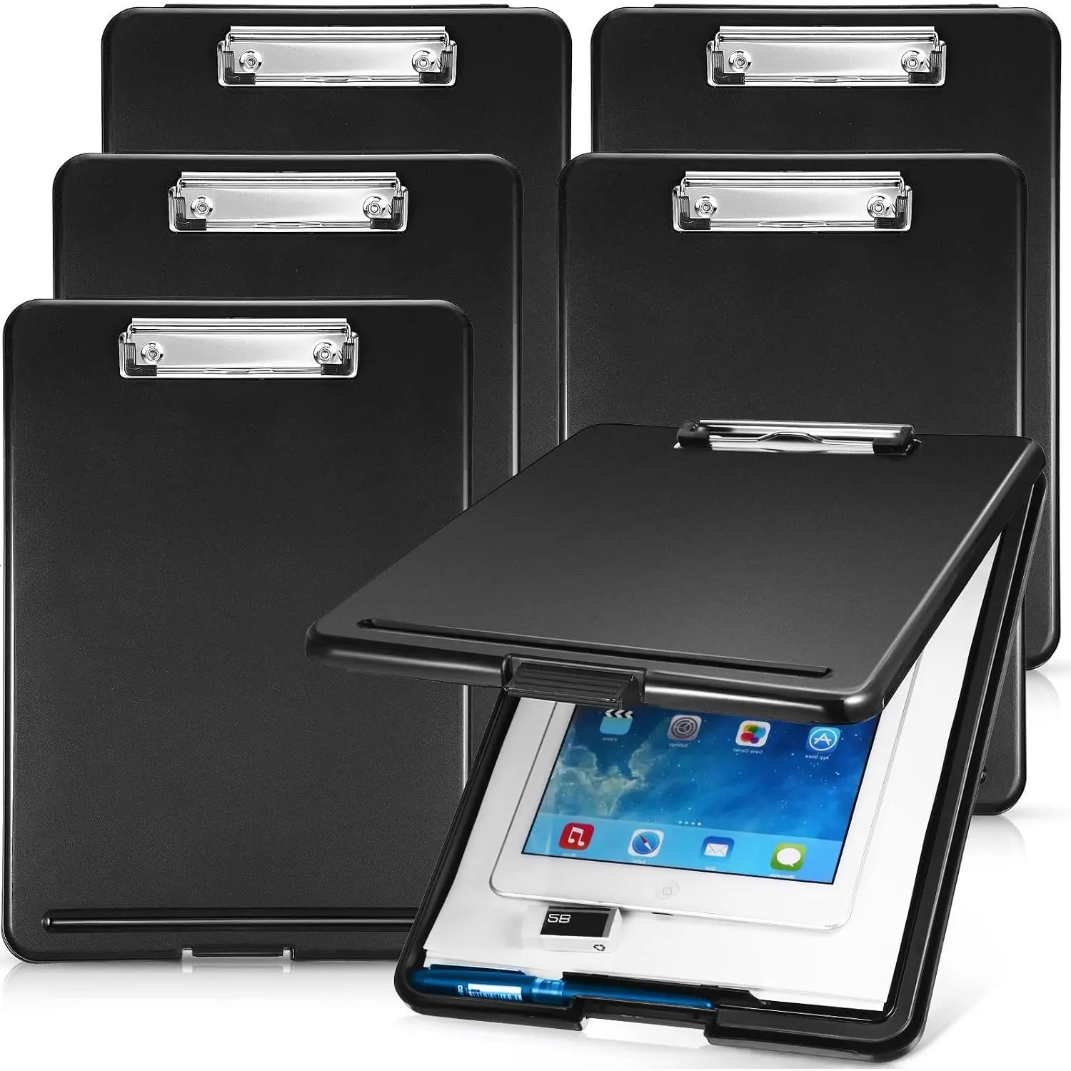 6-Count Polypropylene Storage Clipboard, 9.5x13.5 in Heavy-Duty Plastic Clipboard with Storage Comp., Foldable Design, Metal Clip for Secure Hold, Ideal for Nurses & Students (Black, Fits Tablets/Phones)