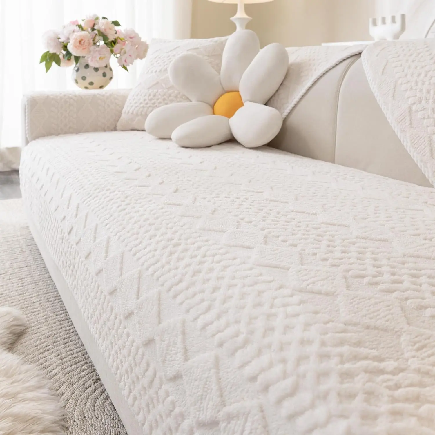 Soft Plush Couch Cover, Non Slip Sectional Sofa Covers for 3 Cushion Couch Sofa L Sharped Sofa Slipcover for Pets, Furniture Protector (1 PCS 36"x63" White)