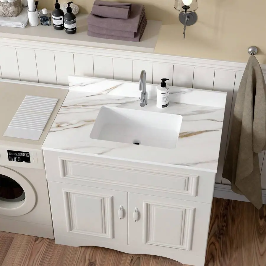 37" Bathroom Vanity Top With Ceramic Undermount Sink & Backsplash,White Sintered Stone Counter Top, 1 Holes Vanity Sink Top (Cabinet Not Included)