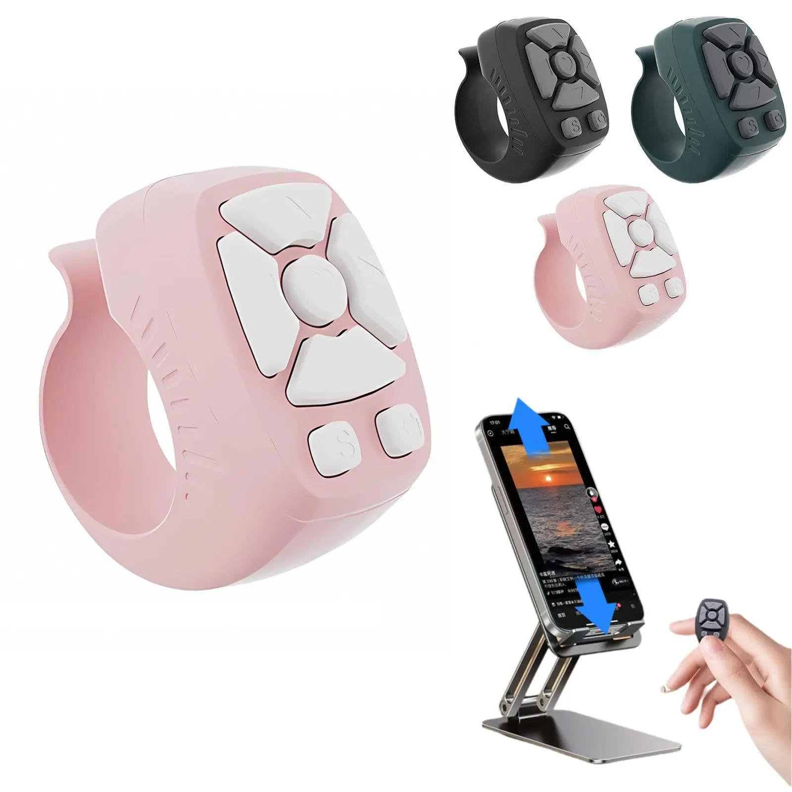 Compact Automatic Fingertip Wireless Bluetooth Remote Control with Scroll Ring - Multitool Accessory for Cellphone, Mobile Smartphones, Camera Video Recording (Pink)