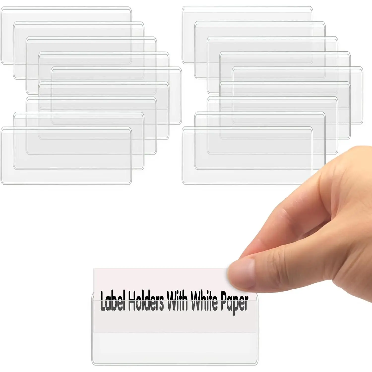 Self Adhesive Label Holders,  104 Pack Adhesive Shelf Tag Shelf Label Holder Clear Pocket Holder with Paper for Supermarket, Bookshelf, Kitchen (2 x 1 Inch)