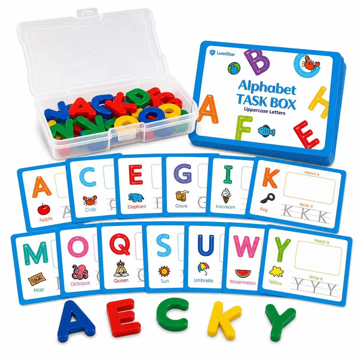 Uppercase Letters Task Box with ABC Tracing and Writing Cards, Plastic Magnetic Capital Letters, One Storage Box, Classroom Literacy Educational Kit