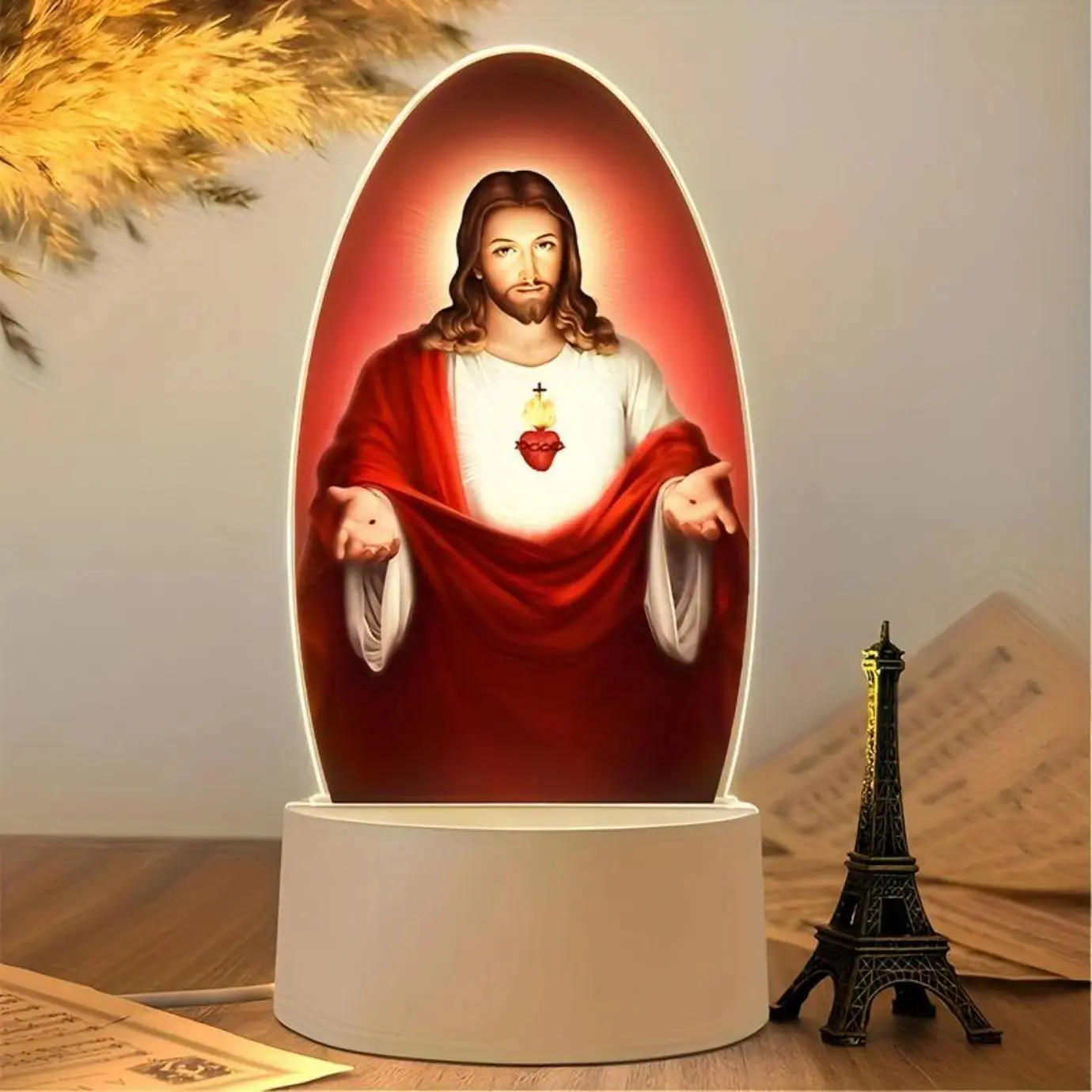 Sacred Heart LED Night Light – USB Powered Religious Decorative Lamp with Jesus Image, Prayer Blessing Table Ornament for Bedroom, Home & Indoor Spiritual Decor