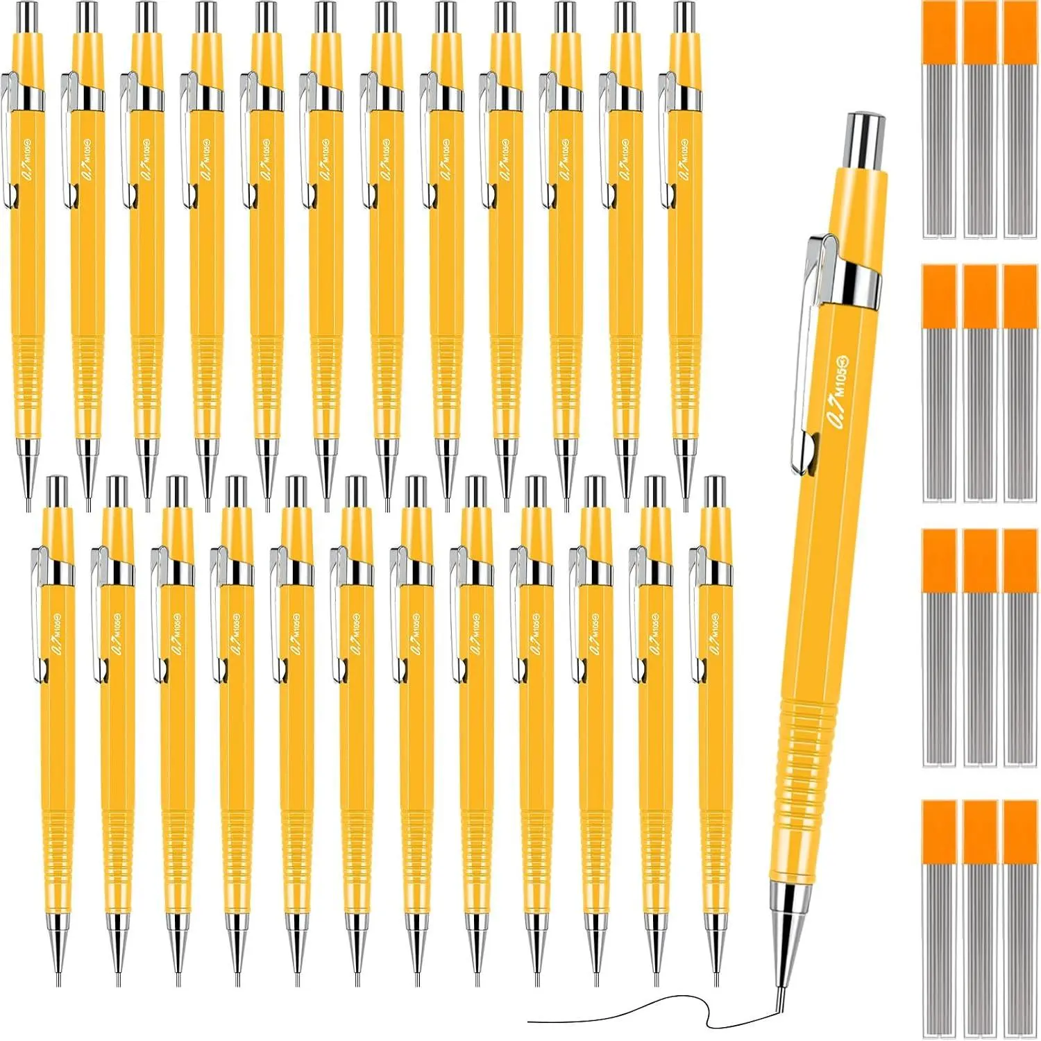24 count Yellow Mechanical Pencil 0.9mm for  to School | Metal Penpoint, ABS Material, Retractable Automatic, with Drafting Pencils Refills, for Writing Drawing Signature