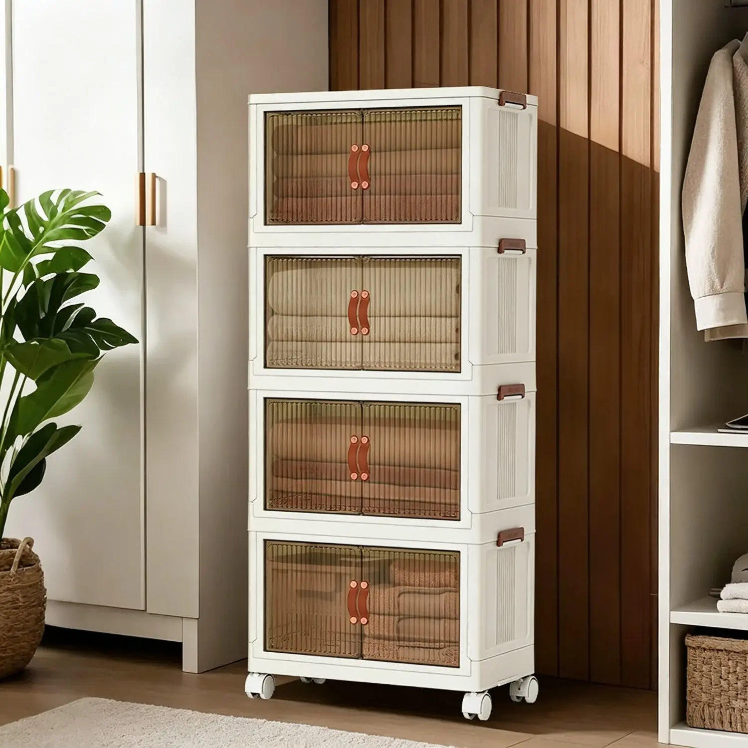 Stackable Plastic Storage Box 72qt with Wheels and Dual Doors, Foldable Organizer for Home Office, Food Closet, Living Room, Foldable Containers