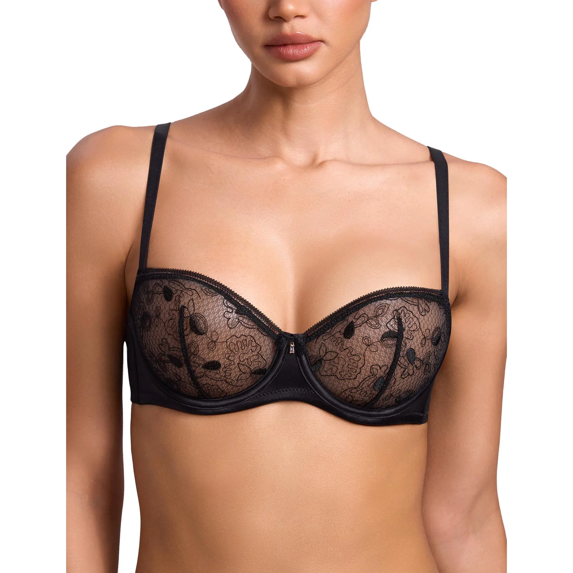 Deyllo Women Sheer Sexy Mesh Push Up Bras Mesh Underwire Unpadded Lace Balconette Bra U-Back Criss-Cross Demi Bra