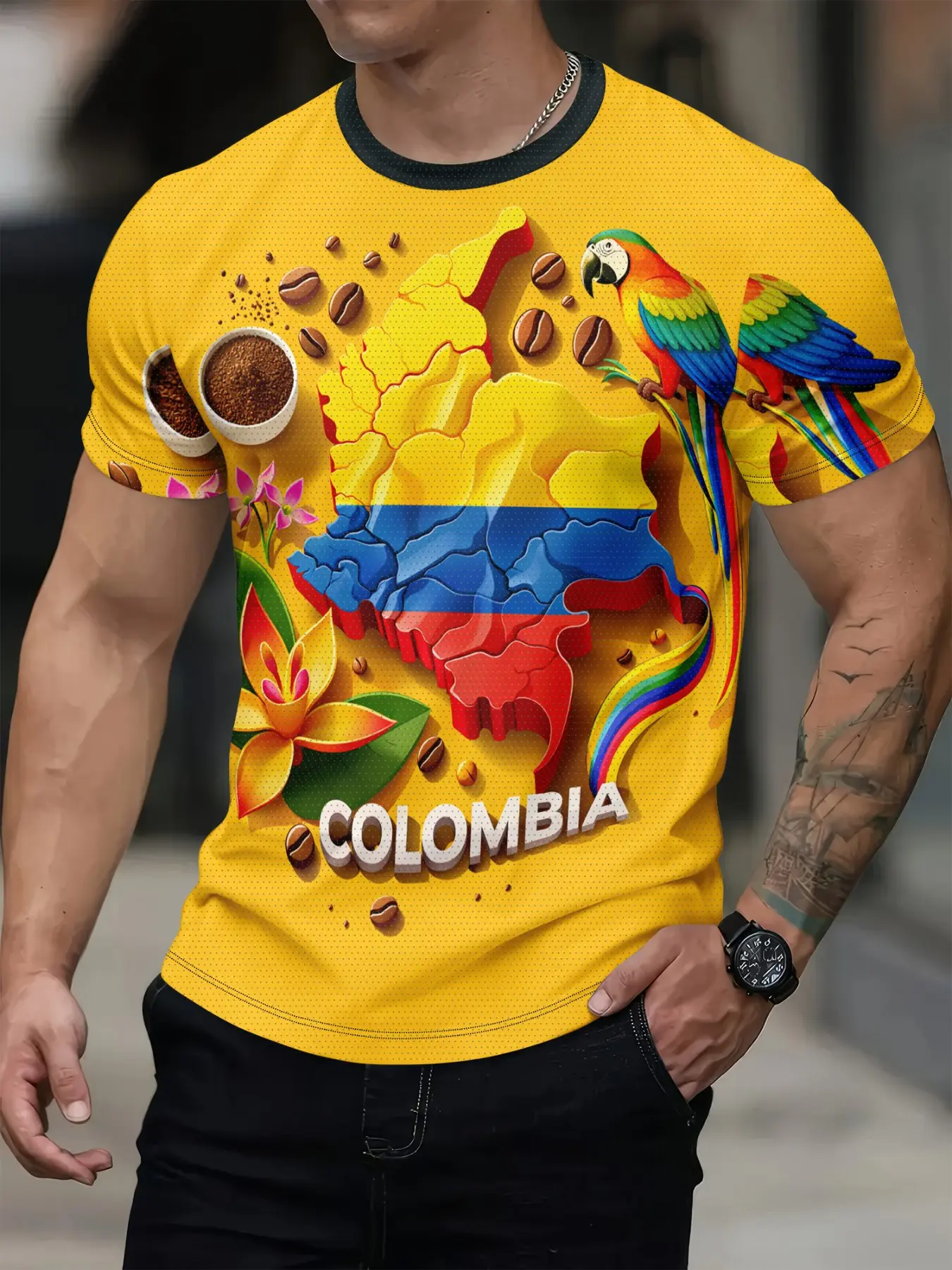 Colombian Cultural Pattern Tropical T-Shirt, South American Casual Streetwear Menswear Fashion Top, Fitted Long Sleeve, Print Design, Casual Graphic Top, Comfortable Daily Wear, Casual Graphic Tee