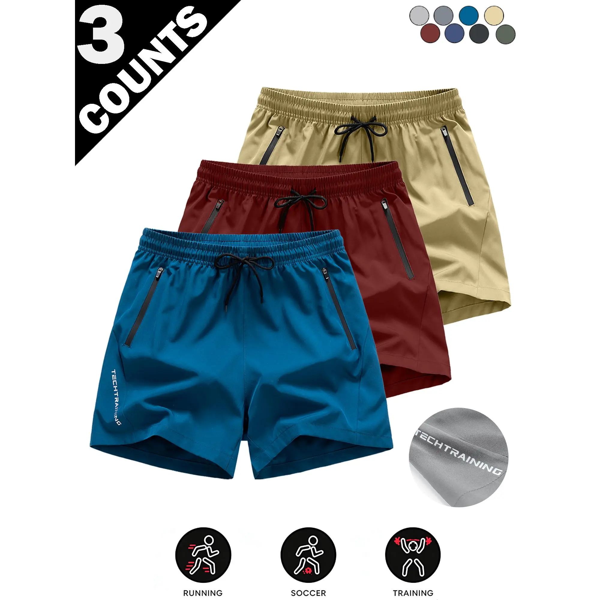 3PCS-Men's Casual Sport Shorts Anti-Wrinkle Polyester Blend Loose Fit Drawstring Waist Solid