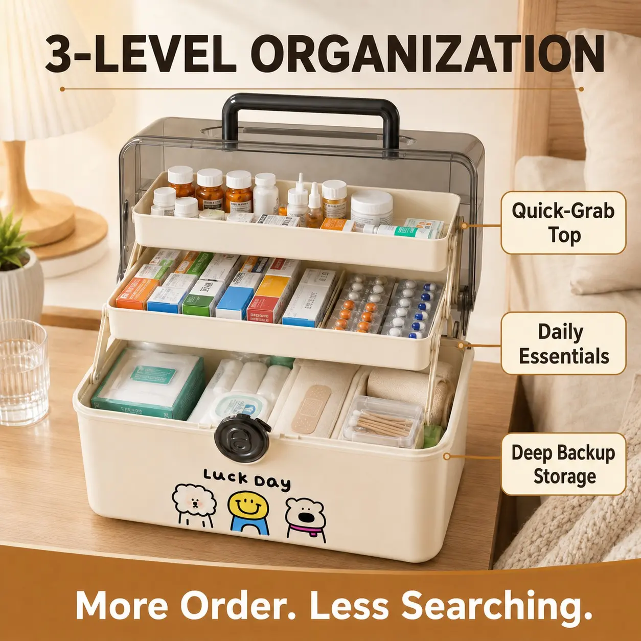Portable Medicine Organizer Box, Three-Tier Tray, Transparent Lid, Handle, Rotating Lock, Medium/large First Aid Kit, Home, Travel, Skincare, Emergency Supplies