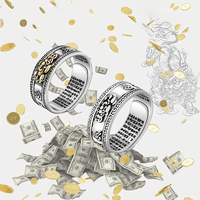 Vintage Stainless Steel Ring for Women and Men, Engraved Buddhist Heart Sutra Pixiu Band, Lucky Wealth Protection Amulet Jewelry, Metal Rings, Rings For Women