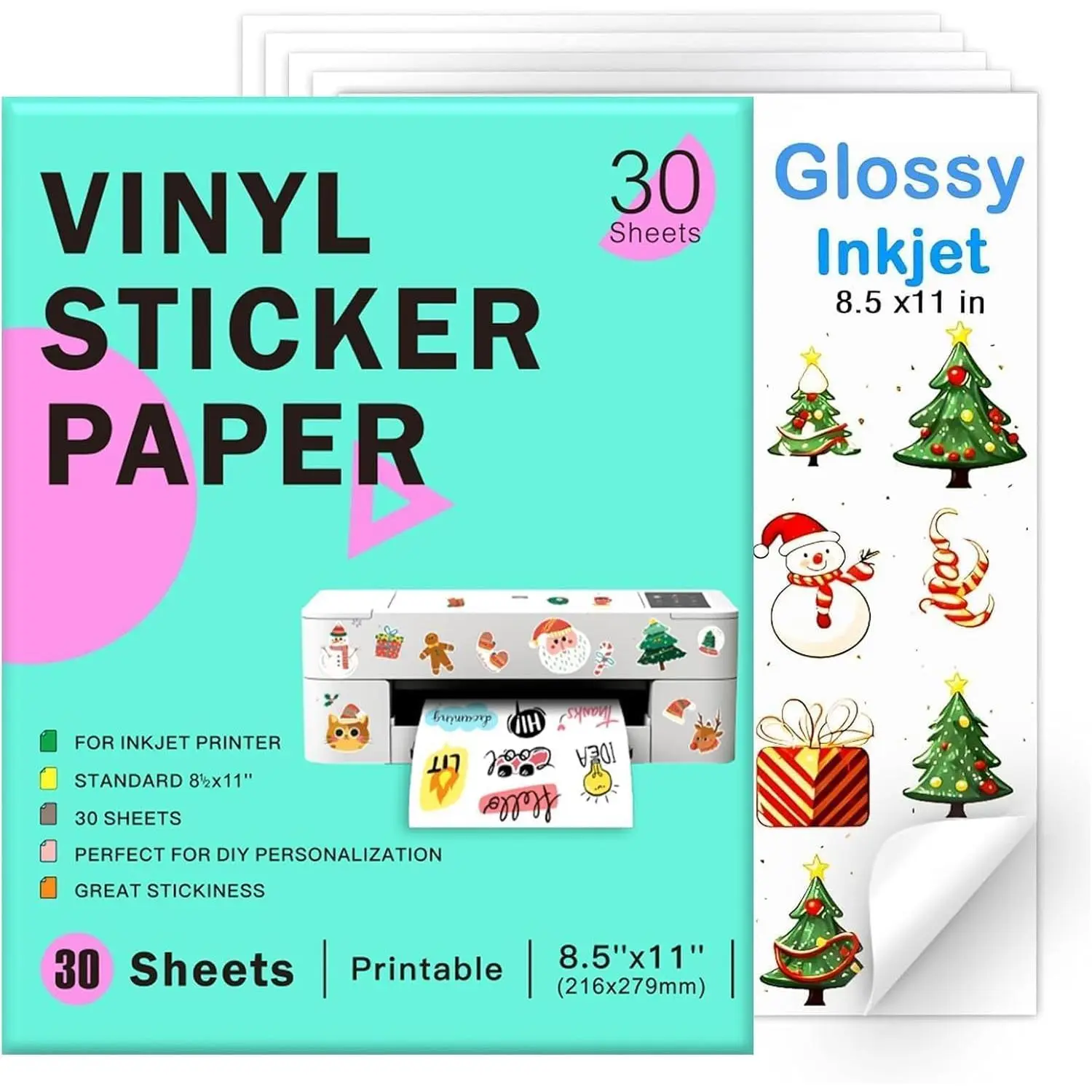 Printable Vinyl Sticker Paper for Inkjet Printers, 30 Sheets Glossy White 8.5 x 11 Inch, , Quick Dry,  Colors, Compatible with Cricut for  and DIY Stickers